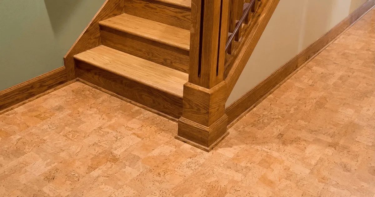 End of a staircase with cork flooring in Columbus, OH